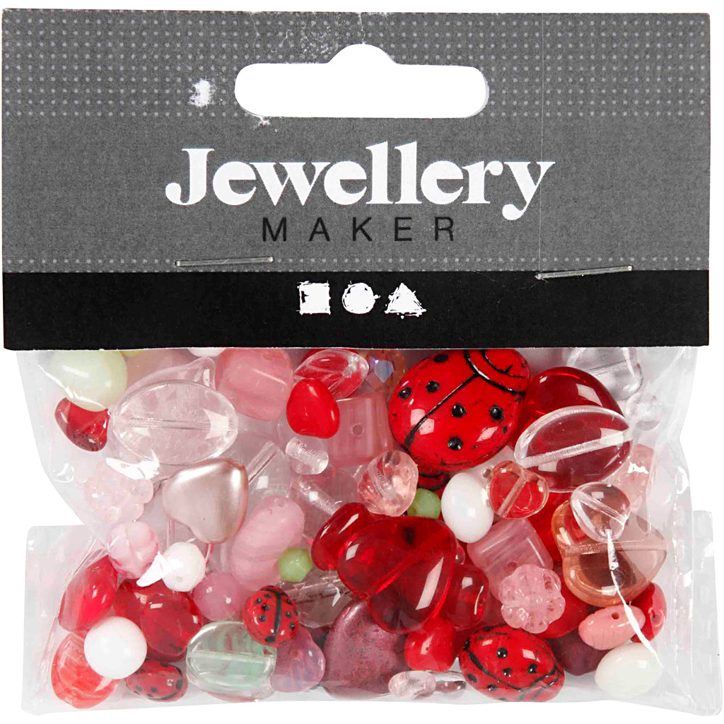 Perles de verre, Coccinelles, feuilles, coeurs, dim. 5-22 mm, diamètre intérieur 0,5-1,5 mm, ass. de couleurs, 60 gr/ 1 Pq. [HOB-684230]