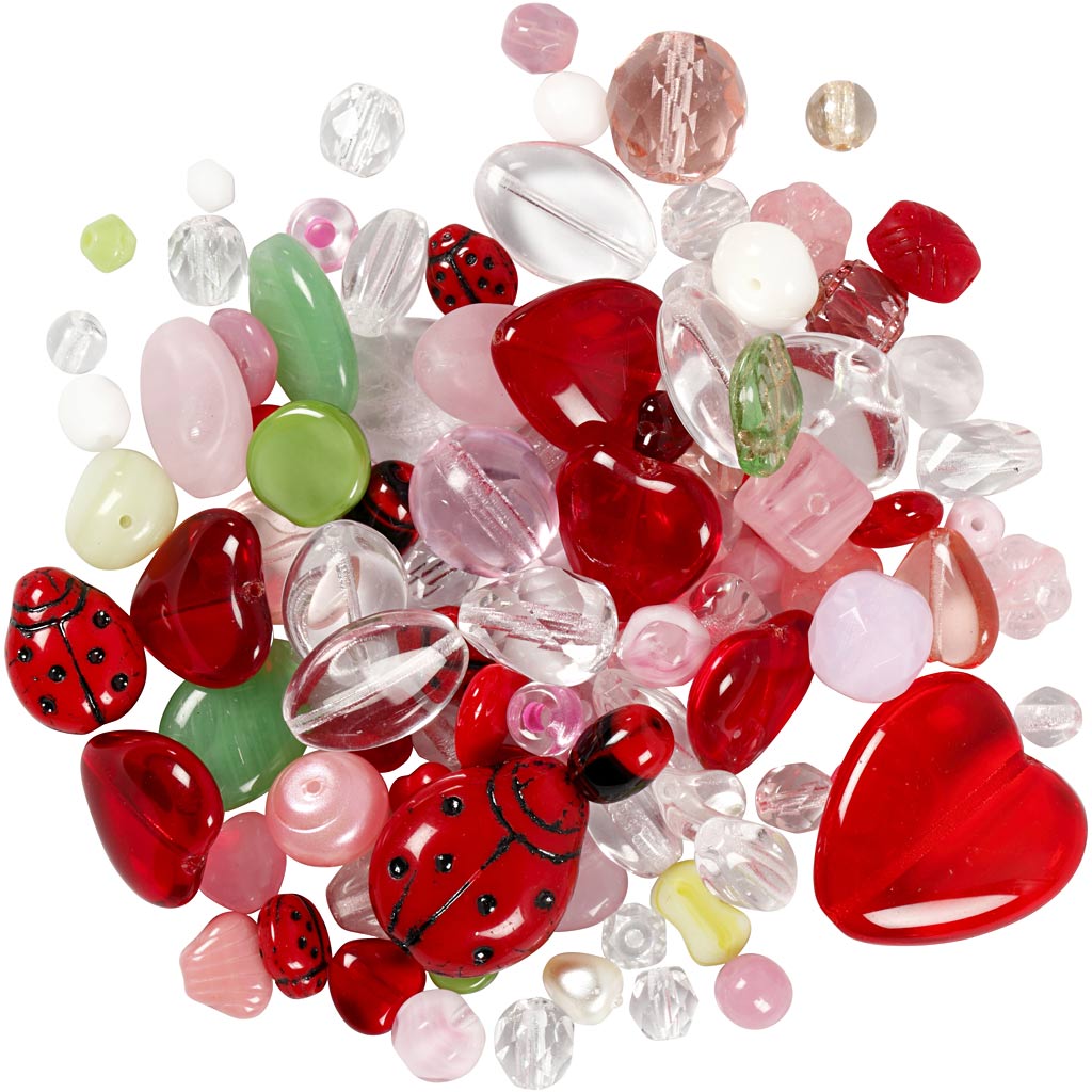 Perles de verre, coccinelles, feuilles, coeurs, d 5-22 mm, diamètre intérieur 0,5-1,5 mm, ass. de couleurs, 350 gr/ 1 Pq. [HOB-68423]