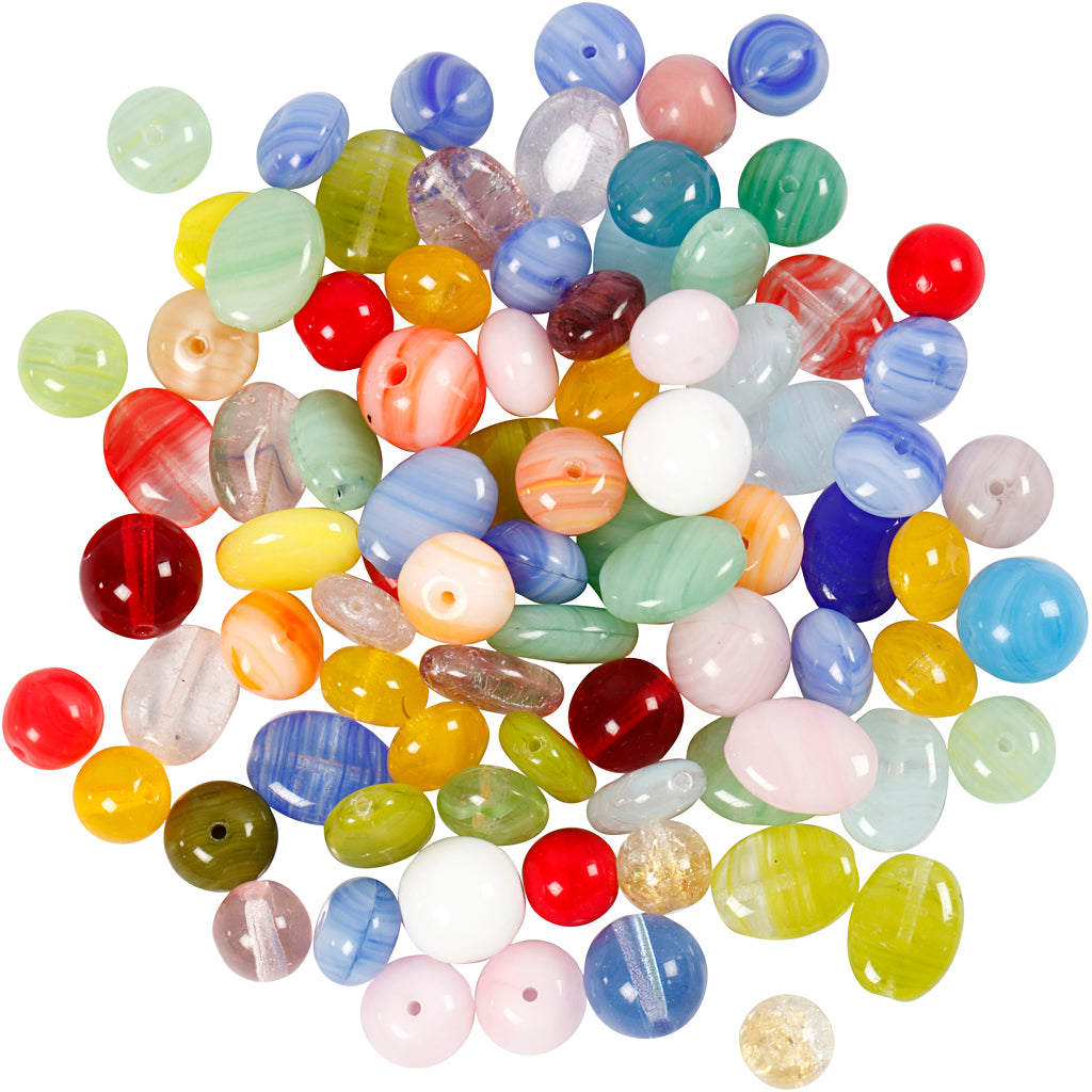 Perles de verre, rond, ovale, circulaire, d 6-13 mm, diamètre intérieur 0,5-1,5 mm, ass. de couleurs, 60 gr/ 1 Pq. [HOB-684250]