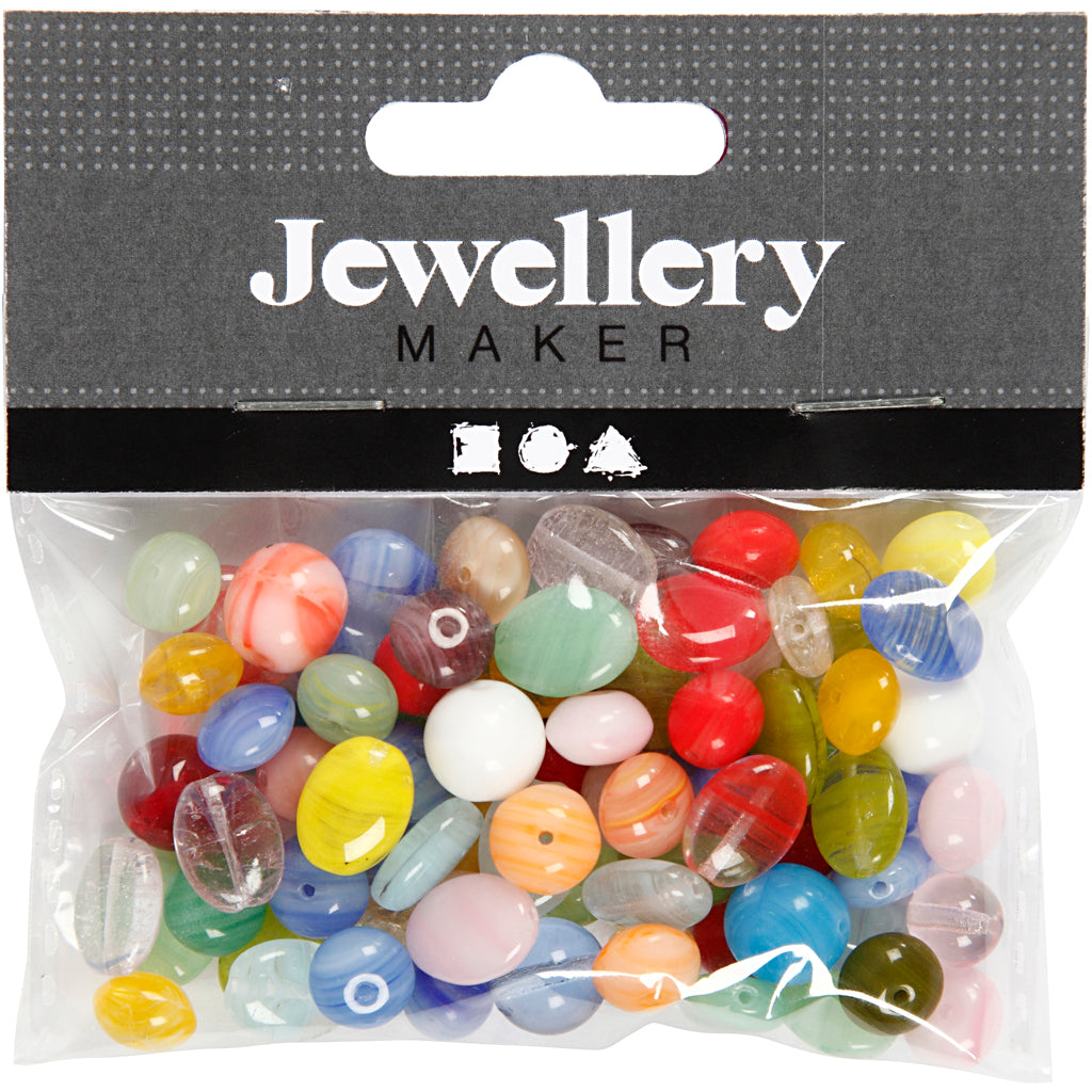 Perles de verre, rond, ovale, circulaire, d 6-13 mm, diamètre intérieur 0,5-1,5 mm, ass. de couleurs, 60 gr/ 1 Pq. [HOB-684250]