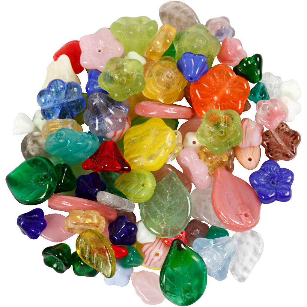 Perles de verre, feuilles, fleurs, d 6-17 mm, diamètre intérieur 0,5-1,5 mm, ass. de couleurs, 60 gr/ 1 Pq. [HOB-684260]