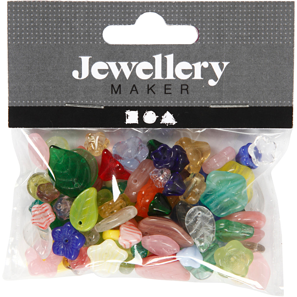 Perles de verre, feuilles, fleurs, d 6-17 mm, diamètre intérieur 0,5-1,5 mm, ass. de couleurs, 60 gr/ 1 Pq. [HOB-684260]