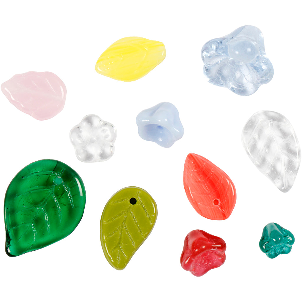 Perles de verre, feuilles, fleurs, d 6-17 mm, diamètre intérieur 0,5-1,5 mm, ass. de couleurs, 60 gr/ 1 Pq. [HOB-684260]