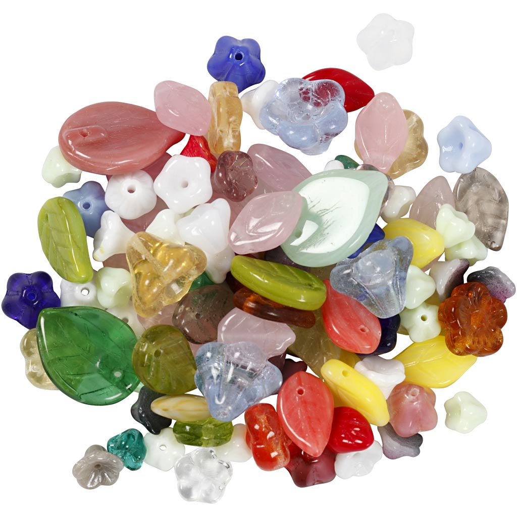 Perles de verre, feuilles, fleurs, d 6-17 mm, diamètre intérieur 0,5-1,5 mm, ass. de couleurs, 350 gr/ 1 Pq. [HOB-68426]