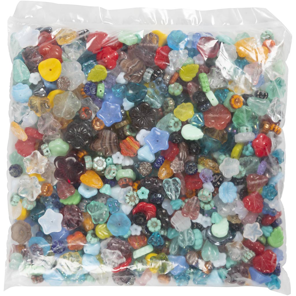Perles de verre, feuilles, fleurs, d 6-17 mm, diamètre intérieur 0,5-1,5 mm, ass. de couleurs, 350 gr/ 1 Pq. [HOB-68426]
