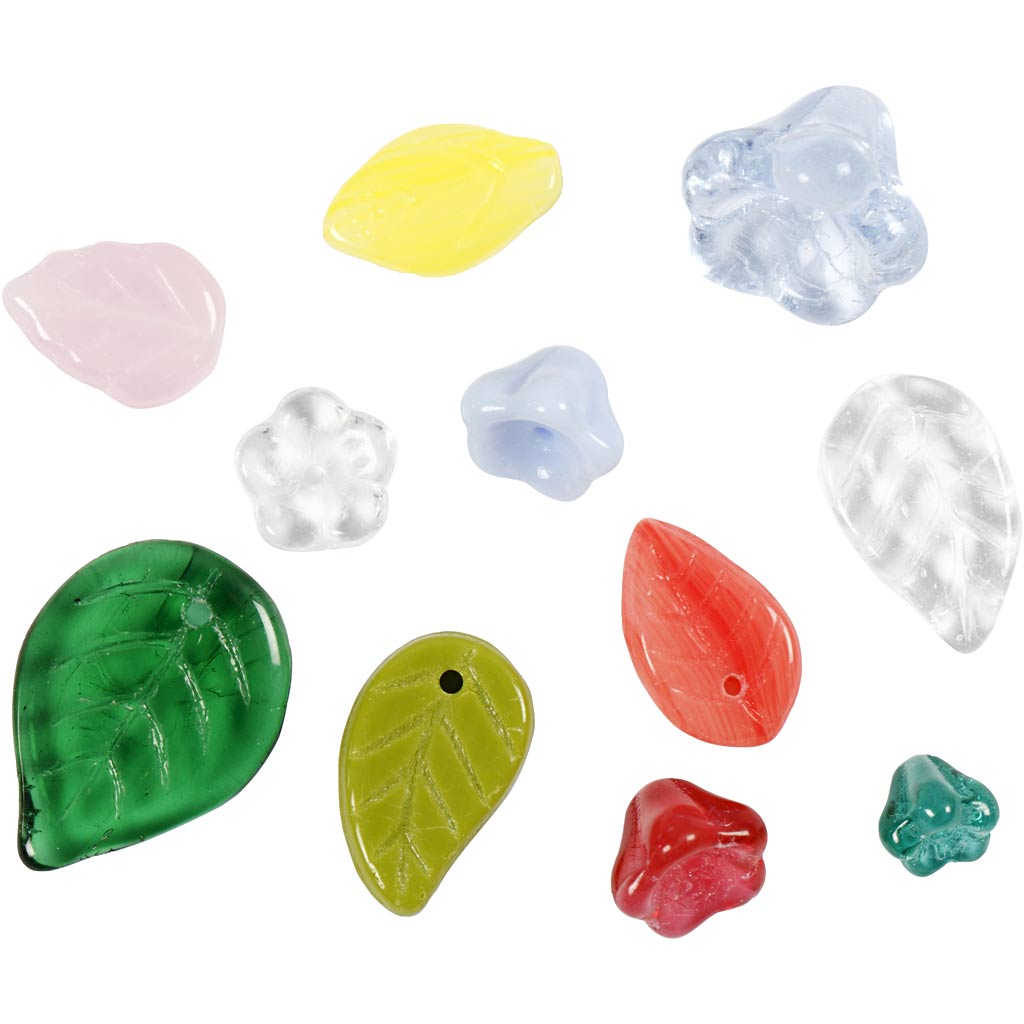 Perles de verre, feuilles, fleurs, d 6-17 mm, diamètre intérieur 0,5-1,5 mm, ass. de couleurs, 350 gr/ 1 Pq. [HOB-68426]