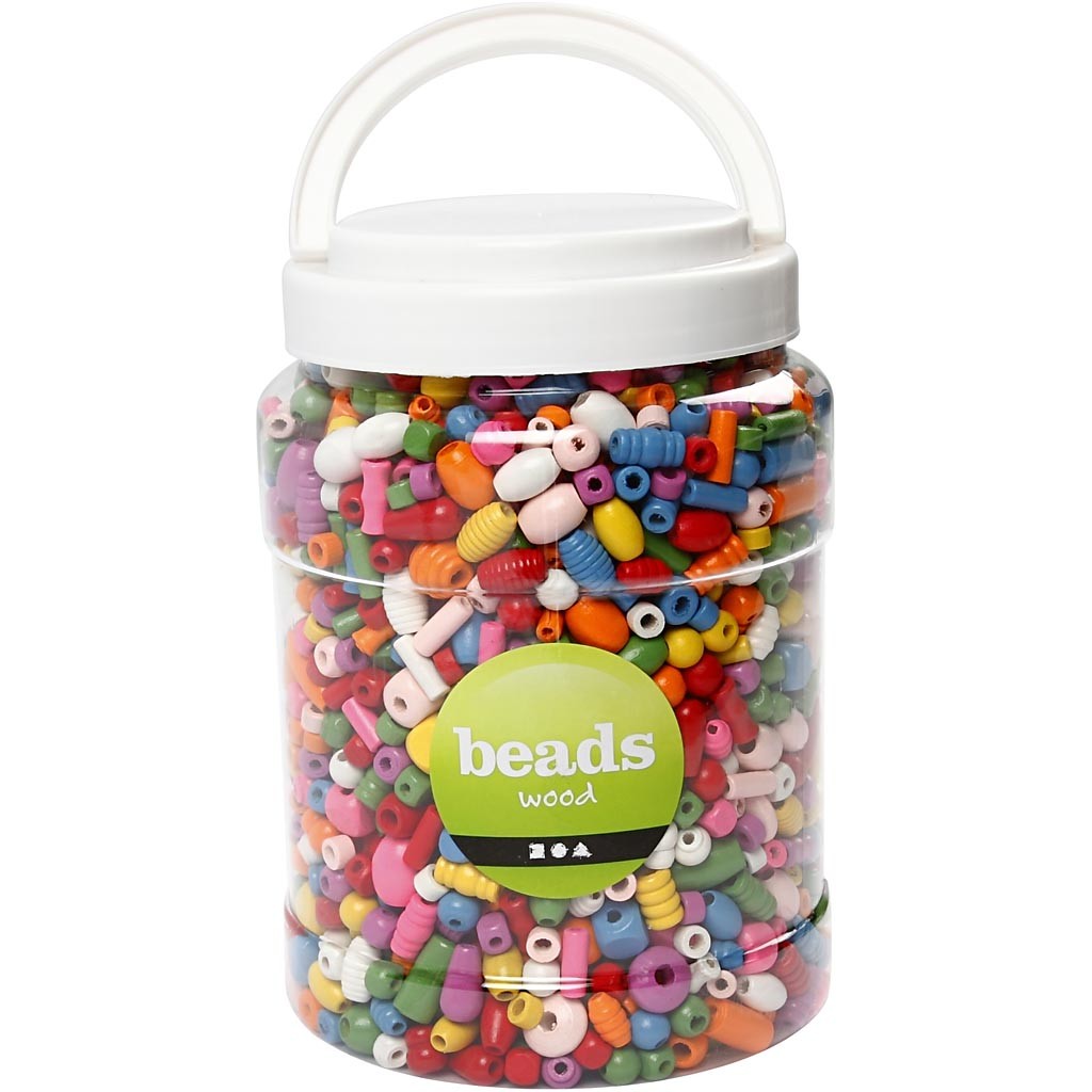 Perles en bois, dim. 5-28 mm, diamètre intérieur 2,5-3 mm, ca. 1938 pièce, ass. de couleurs, 850 gr, 2 L/ 1 seau [HOB-68476]