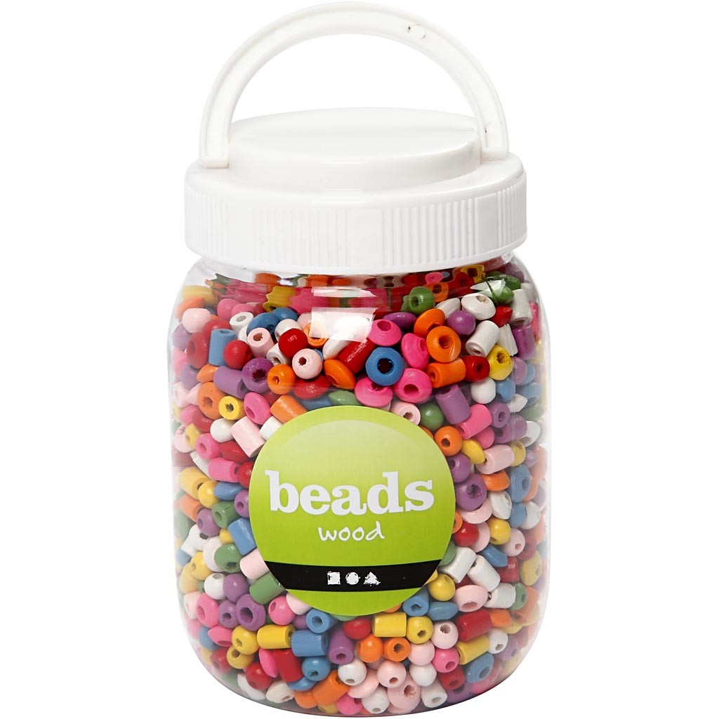 Perles en bois, d 5-8 mm, diamètre intérieur 1,5 mm, ca. 2170 pièce, ass. de couleurs, 175 gr, 400 ml/ 1 seau [HOB-68480]