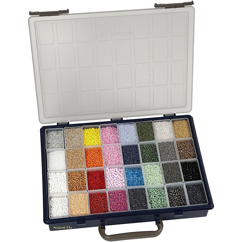 Perles de Rocaille, d 1,7+3+4 mm, dim. 6/0+8/0+12/0, diamètre intérieur 0,5-1,2 mm, la couleur peut varier , 32x100 gr/ 1 Pq. [HOB-68821]