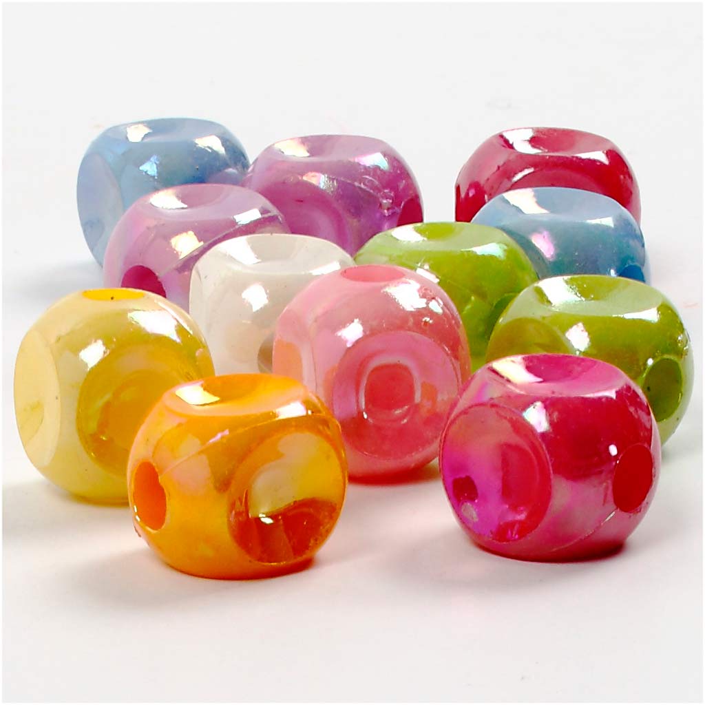 Dice Beads, size 10x10 mm, hole size 4 mm, ca. 90 pc, 60 g, 125 ml