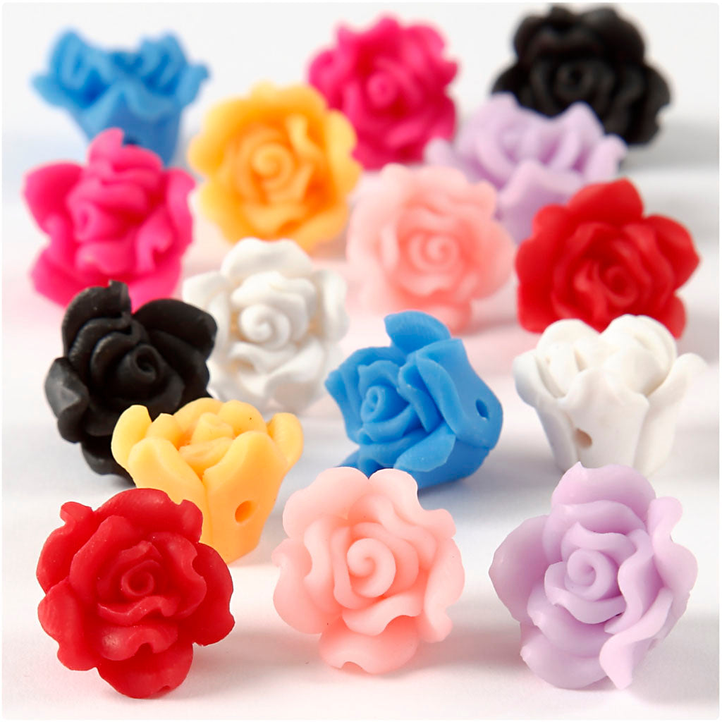 Clay Roses, dia. 16x10 mm, hole size 0,5 mm, assorted colours, 16 asstd.