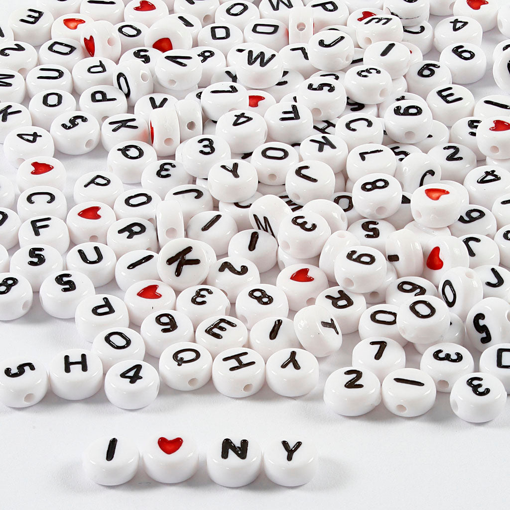 Perles lettres, dim. 7 mm, diamètre intérieur 1,2 mm, blanc, 200gr, env. 1500 pièce [HOB69905]