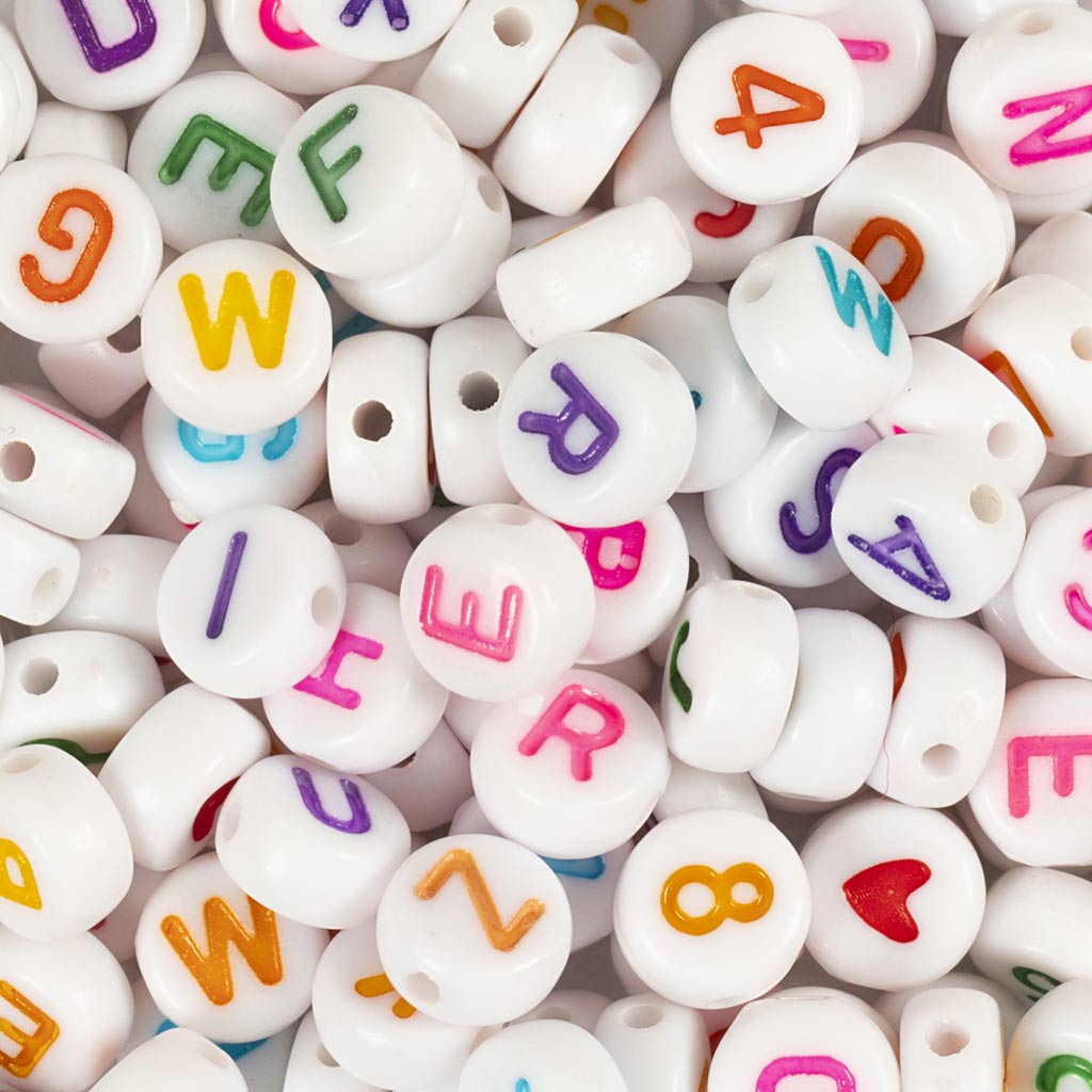 Letter Beads, size 7 mm, hole size 1,2 mm, ca. 200 pc, white, 25 g
