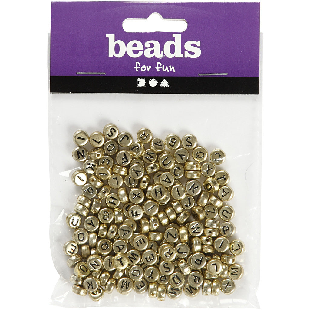 Perles lettres, d 7 mm, diamètre intérieur 1,2 mm, ca. 200 pièce, or, 21 gr/ 1 Pq. [HOB-699300]