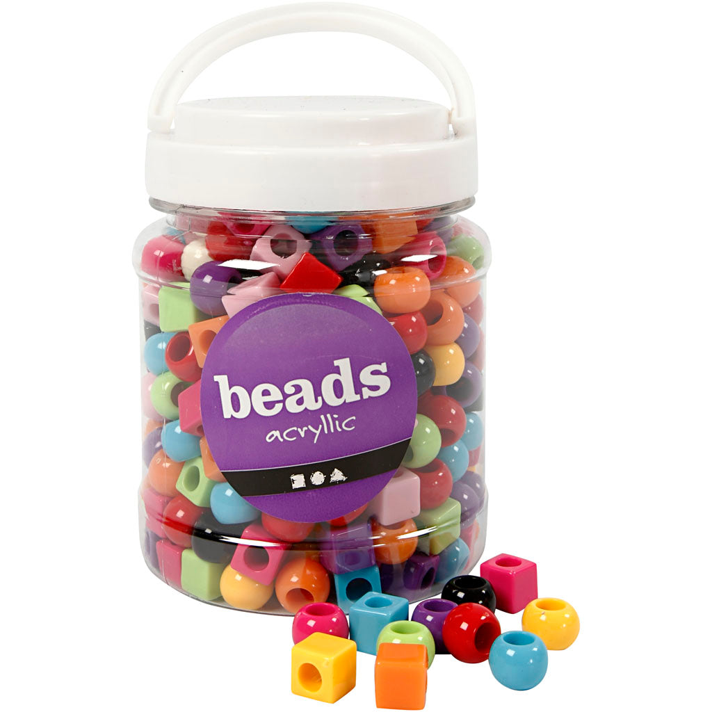 Plastic Beads, size 11 mm, hole size 7 mm, ca. 330 pc, assorted colours, 420 g, 700 ml/ 1 tub