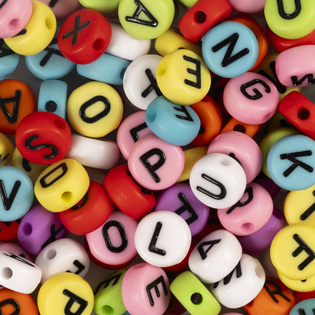 Round letter beads, dia. 7 mm, hole size 1-2 mm, ca. 200 pc, assorted colours, 25 g