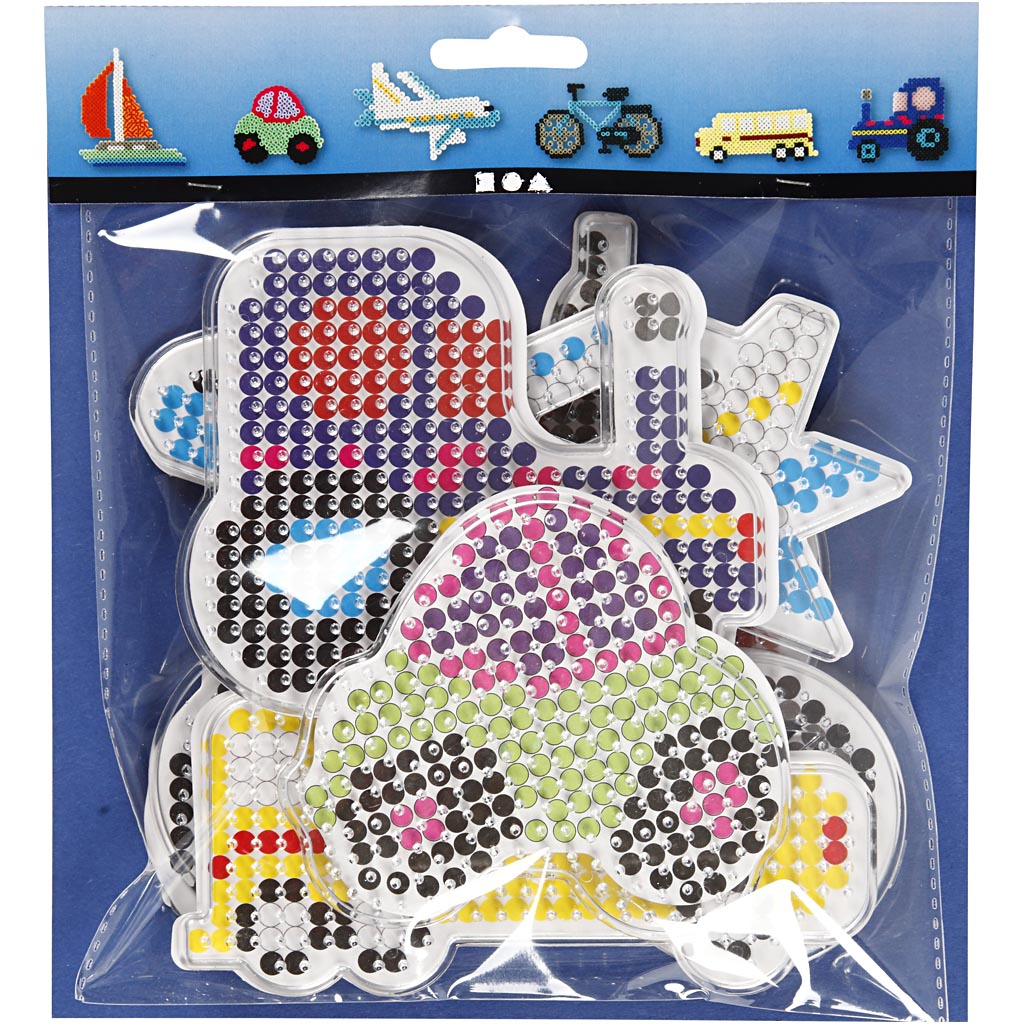 Plaque à picots, voiture, avion, bateau, tracteur, bus et bicyclette, dim. 9x9,5+11x16 cm, medium, 6 pièces/ 1 Pq. [HOB-75593]