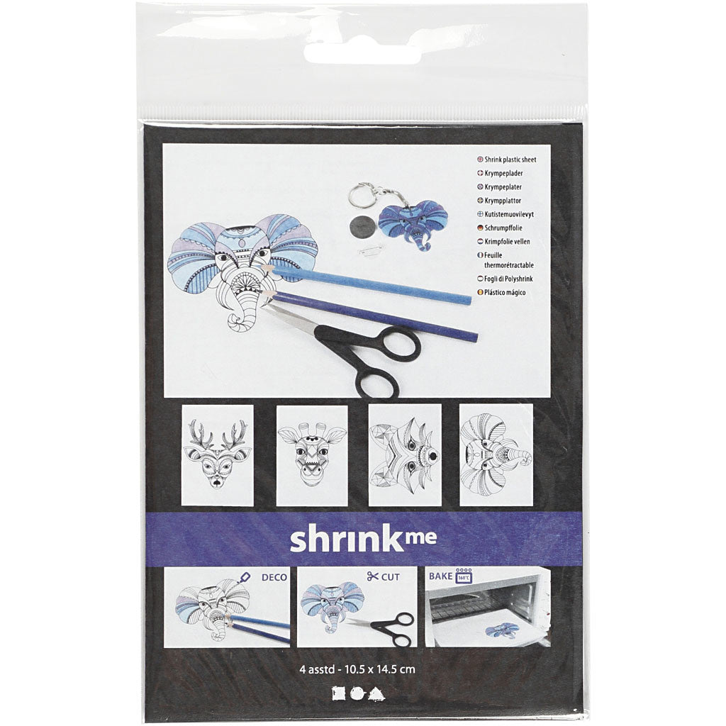 Feuilles de plastique thermorétractable avec motifs, animaux sauvages, feuille 10,5x14,5 cm, ép. 0,3 mm, transparent mat, 4 flles/ 1 Pq. [HOB-79067]