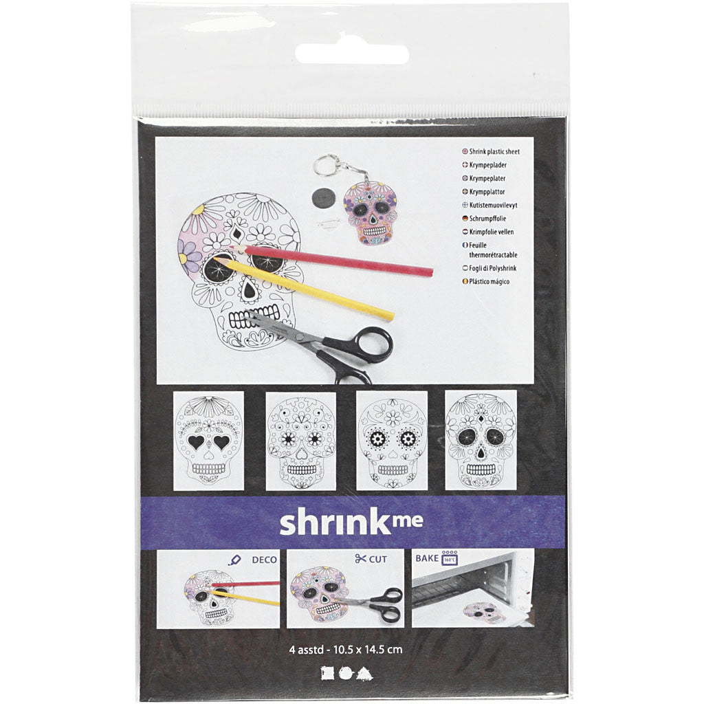 Feuilles de plastique thermorétractable avec motifs, crânes, feuille 10,5x14,5 cm, ép. 0,3 mm, transparent mat, 4 flles/ 1 Pq. [HOB-79068]