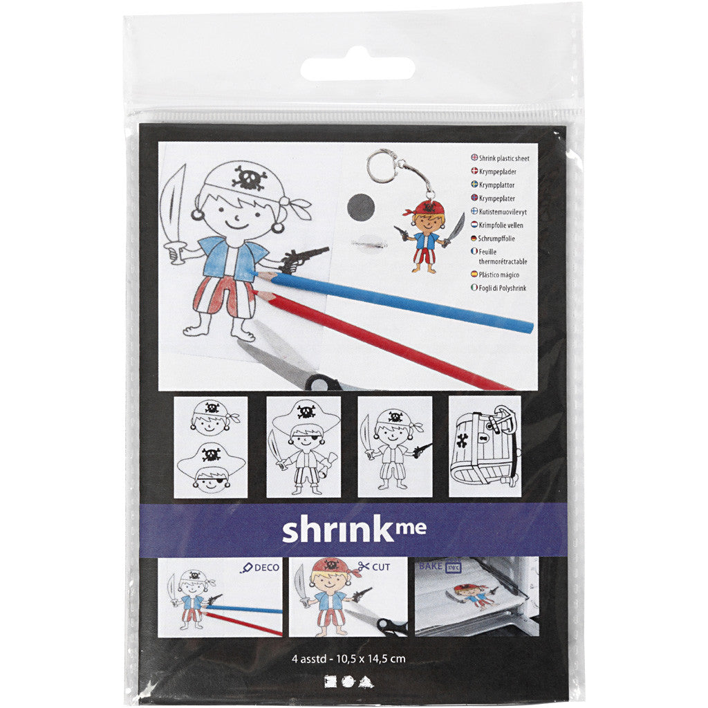 Feuilles de plastique thermorétractable avec motifs, pirates, feuille 10,5x14,5 cm, ép. 0,3 mm, transparent mat, 4 flles/ 1 Pq. [HOB-790710]