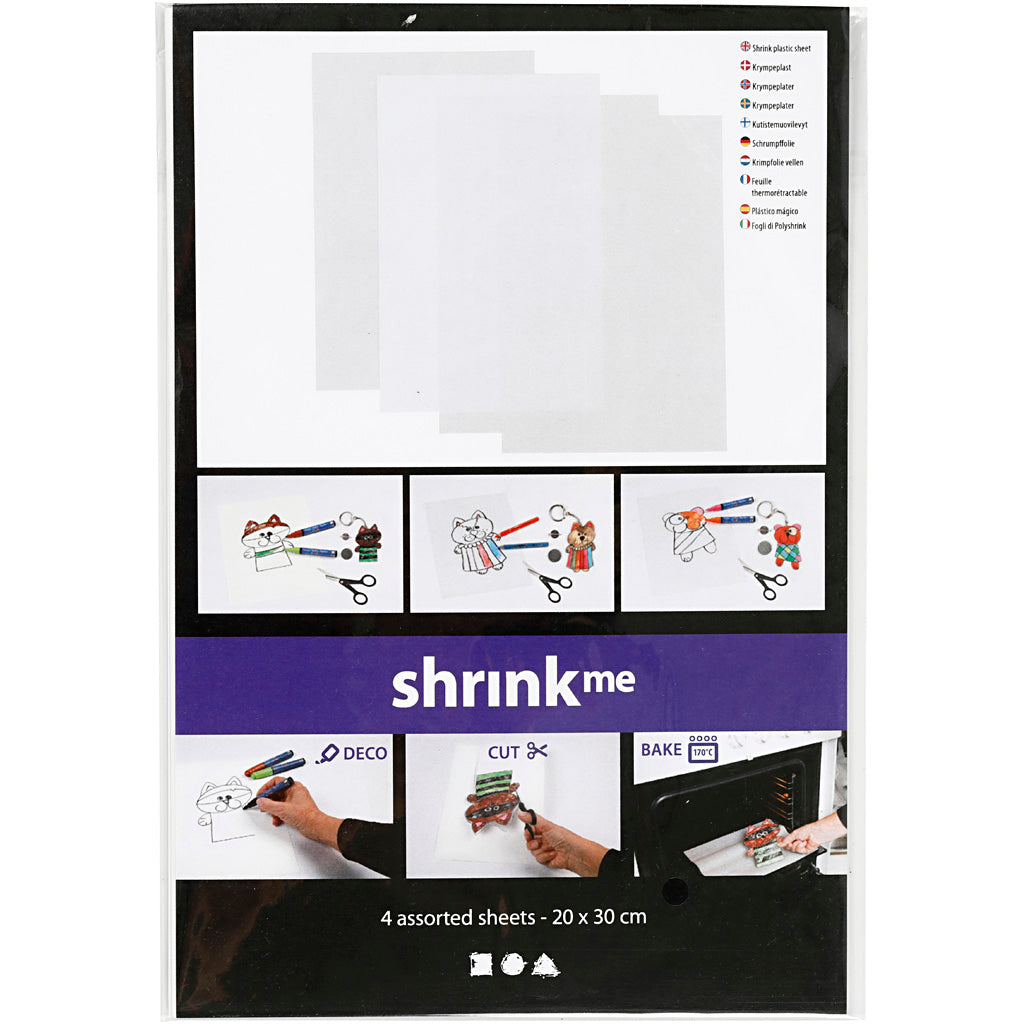 Feuilles de plastique thermorétractable, feuille 20x30 cm, ép. 0,3 mm, brillant transparent, transparent mat, blanc mat, 4 flles/ 1 Pq. [HOB-790999]