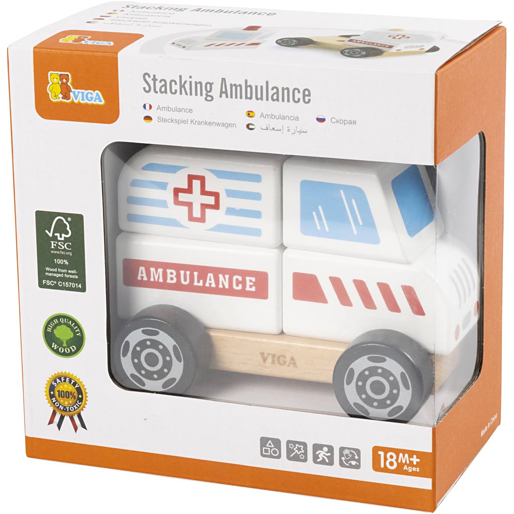 Jouet ambulance empilable en bois VIGA , dim. 13x10x8 cm, 1 pièce [HOB-907664]