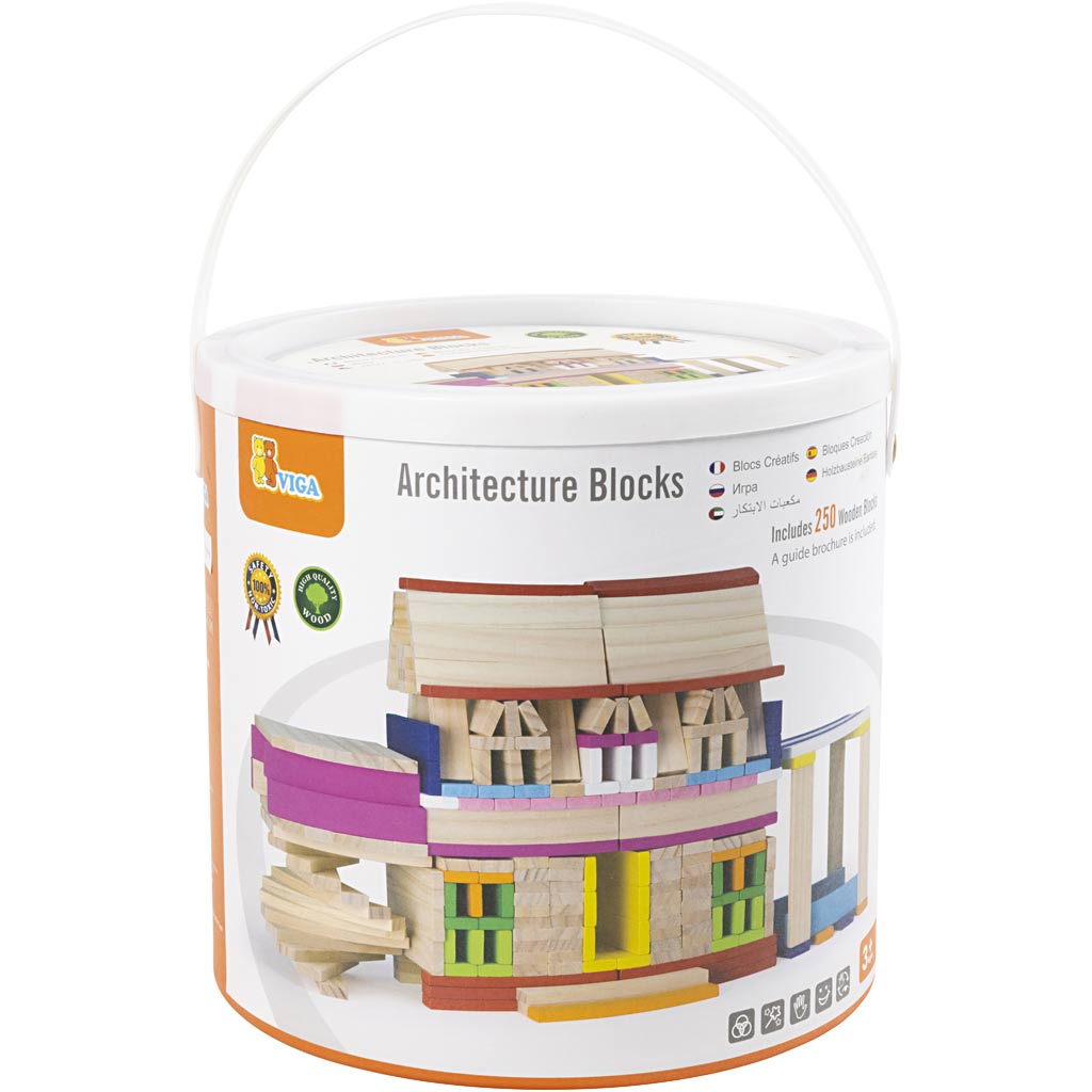 Blocs de construction en bois VIGA , dim. 10 cm, ass. de couleurs, 250 morceaux/ 1 Pq. [HOB-907761]