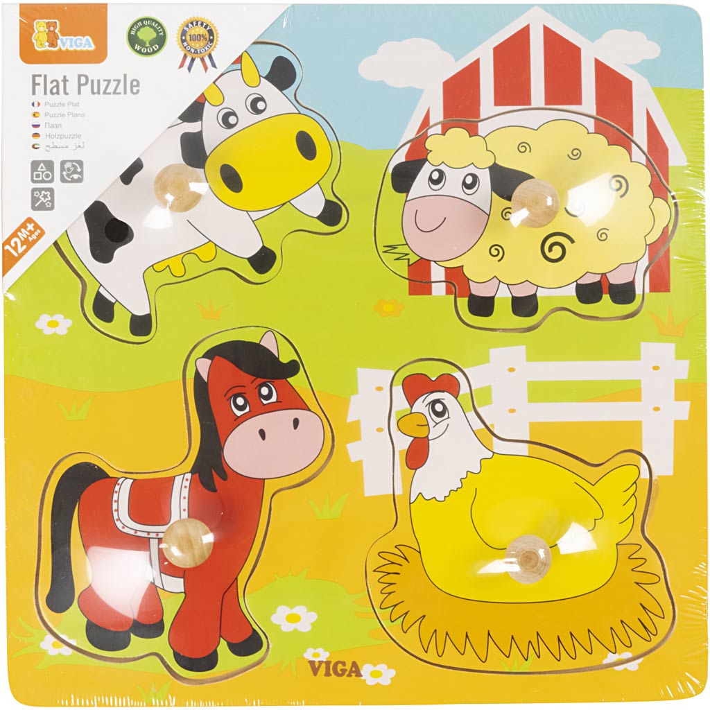 Puzzles en bois avec petites poignées VIGA, Les animaux de la ferme, dim. 22x22 cm, 4 pièces, 1 pièce [HOB-907764]