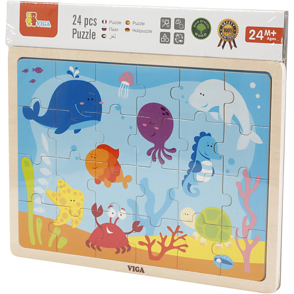 Puzzles en bois VIGA , Animaux marins, dim. 30x22,5 cm, 24 pièces, 1 pièce [HOB-907791]