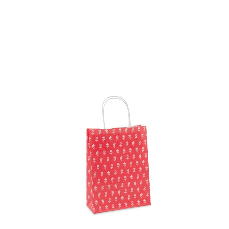Sac à poignées torsadées en papier - Fleurs 18+8x24 cm Rouge (300 pcs) [FP-DPT082]