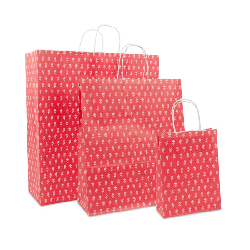 Sac à poignées torsadées en papier - Fleurs 35+14x41 cm Rouge (250 pcs) [FP-DPT084]