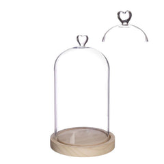 Cloche en verre avec base en bois et cœur Ø 14 cm, H. 24 cm (1 pièce) [IFS-29364]