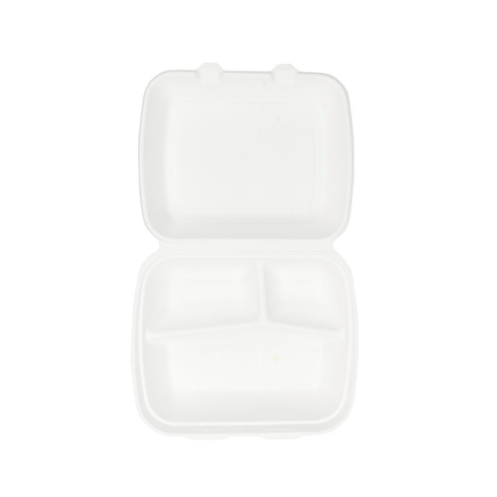 Plateau à menu avec couvercle en canne à sucre 3 espaces 25x20x7.5 cm (200 pièces) [GB-DFC01337]