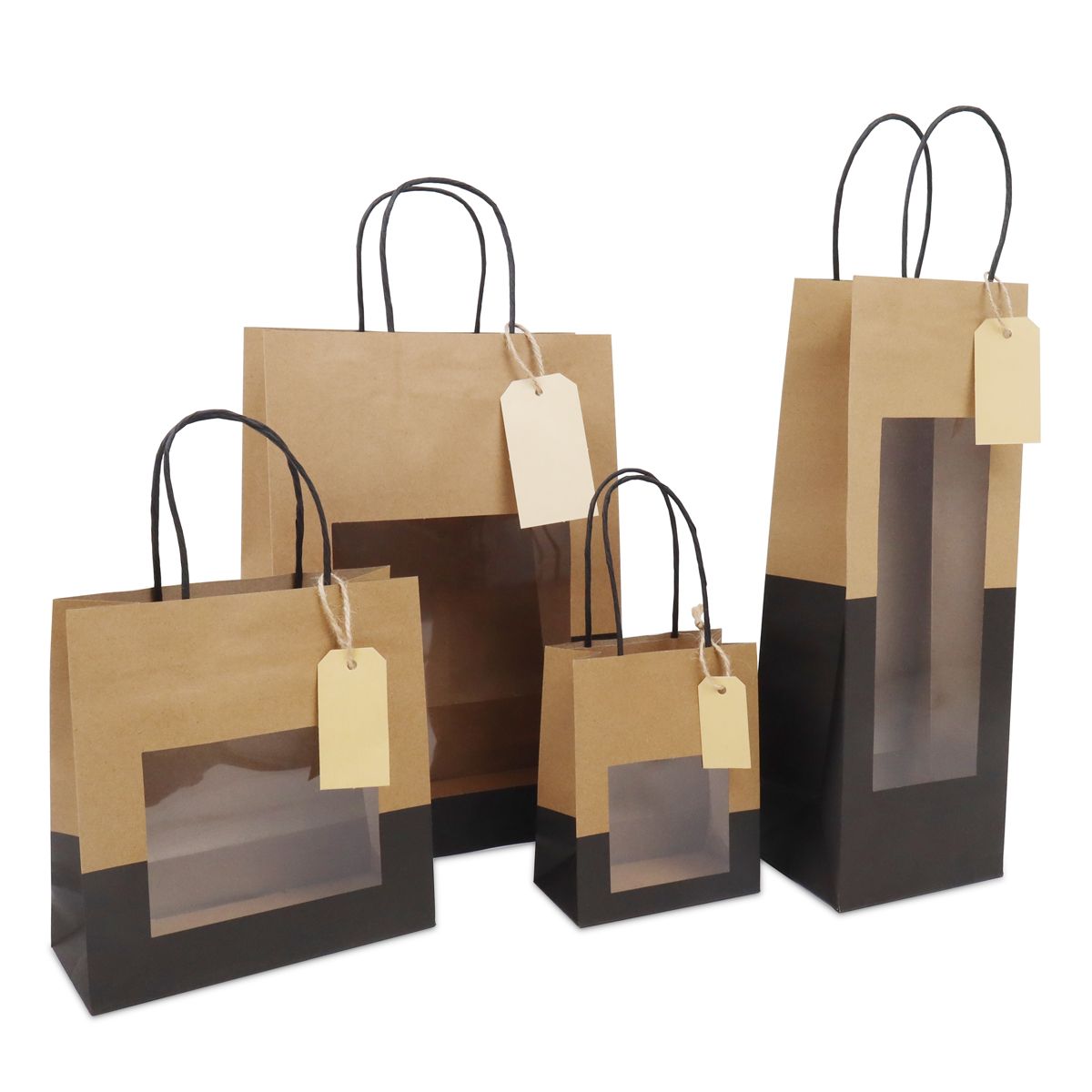 Sacs cadeaux avec fenêtre et étiquette 22+12x32cm kraft/noir (100 pièces) [FP-DPT114]