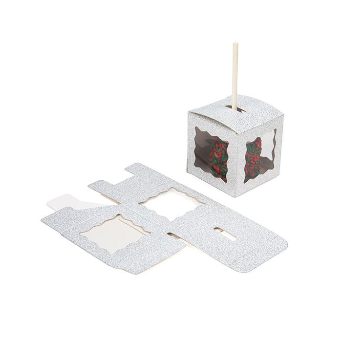 Boite Pliante à paillettes Argent 5,1x5,1x5,1 cm 3 Fenêtres Latérales (25 pièces) [FB1SGW]