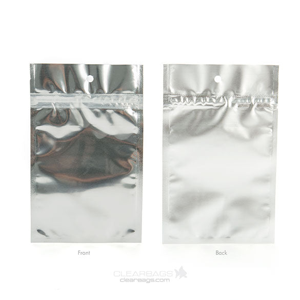 Sachet zip haute barrière avec trou de suspension et dos argent métallisé 9.2x12.7cm (100 pièces) [HZBB4S]