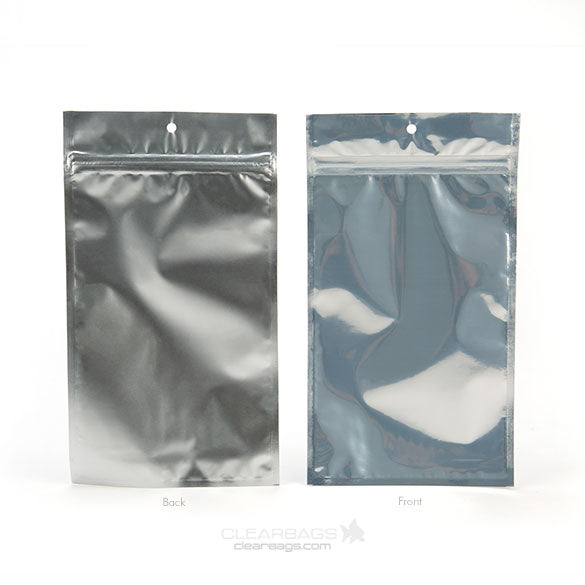 Sachet zip haute barrière avec trou de suspension et dos argent métallisé 12.7x20.8cm (100 pièces) [HZBB6S]