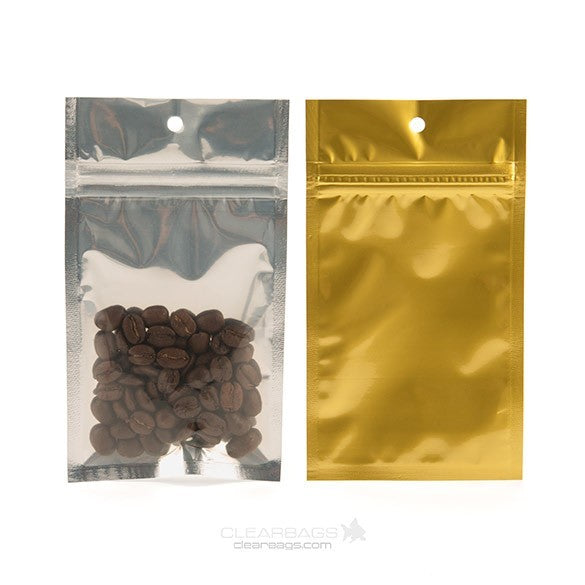 Sachet zip haute barrière avec trou de suspension et dos or métallisé 7.6x11.4cm (100 pièces) [HZBB3CG]