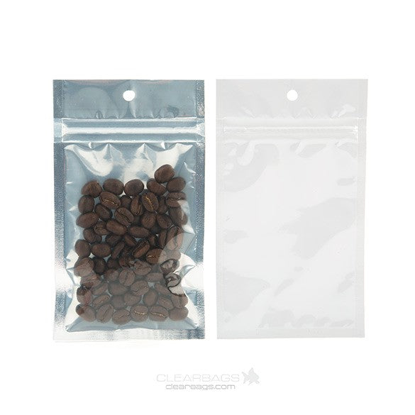 Sachet zip haute barrière avec trou de suspension et dos blanc métallisé 7.6x11.4cm (100 pièces) [HZBB3CW]