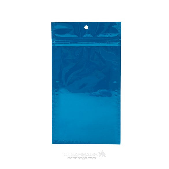 Sachet zip haute barrière avec trou de suspension Bleu métallisé 12.7x20.8cm (100 pièces) [HZBB6MBL]
