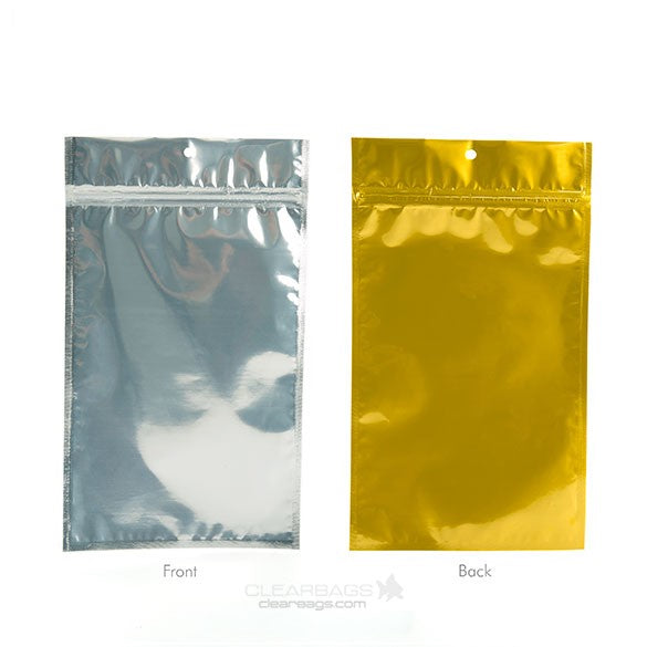 Sachet zip haute barrière avec trou de suspension et dos or métallisé 15.4x23.5cm (100 pièces) [HZBB7CG]