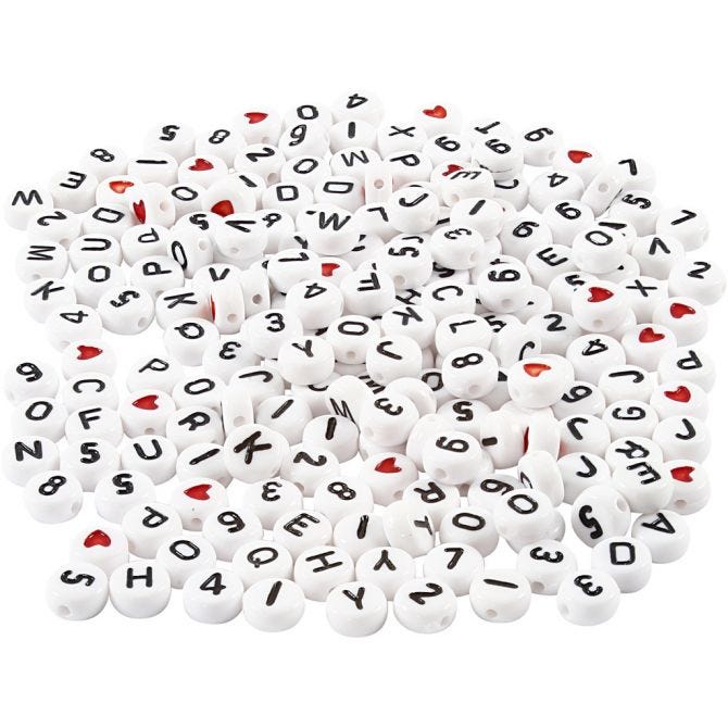 Letter Beads, size 7 mm, hole size 1.2 mm, white, 200g, approx. 1500 pc
