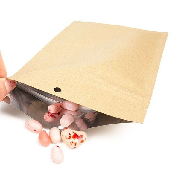 Sachet zip Kraft avec trou rond de suspension 12,7x20,8cm avec encoches de déchirure (100 pièces) [HZBB6K]