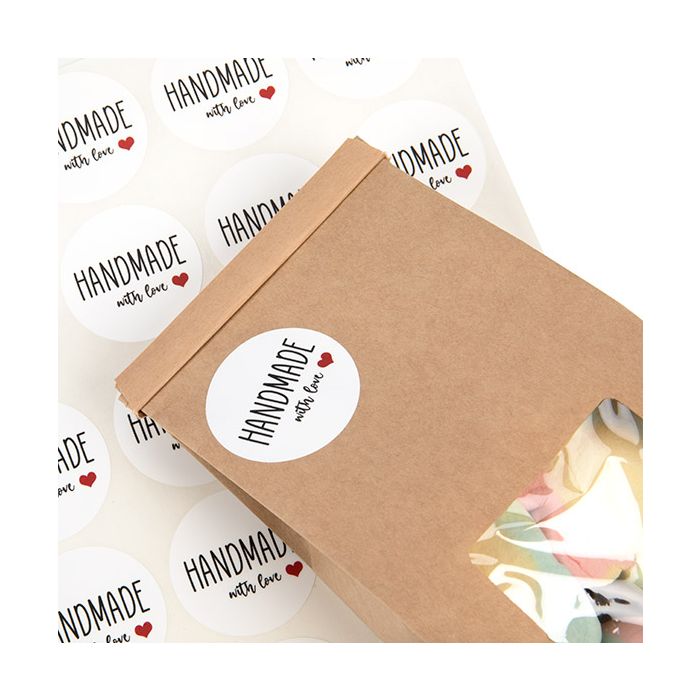 Autocollant rond Hetmade with love (Blanc avec Texte Noir & Coeur Rouge) 3,8 cm (1 Feuille) [LS1HHMLH]