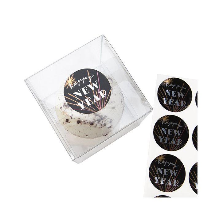 Autocollant rond Happy New Year (rond Noir avec Texte Blanc) 3,8 cm (1 Feuille) [LS1HHNY]
