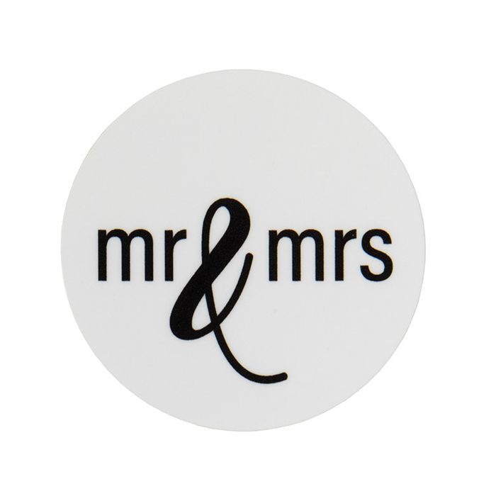 Stickers Round Mr & Mrs (White w/ Black Text) 3,8 cm (1 Sheet)