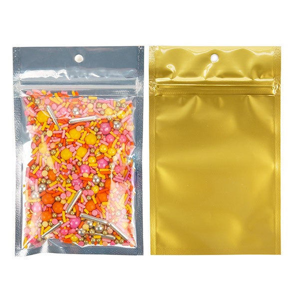 Sachet zip haute barrière avec trou de suspension et dos or métallisé 9.2x12.7cm (100 pièces) [HZBB4CG]