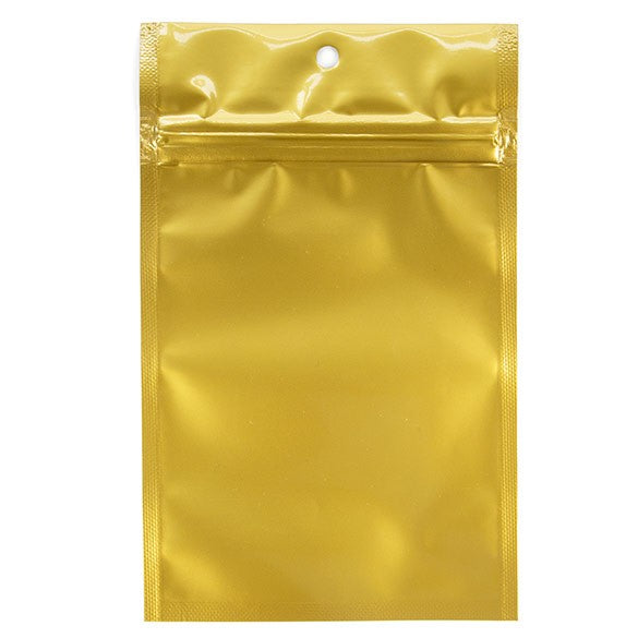 Sachet zip haute barrière avec trou de suspension et dos or métallisé 9.2x12.7cm (100 pièces) [HZBB4CG]