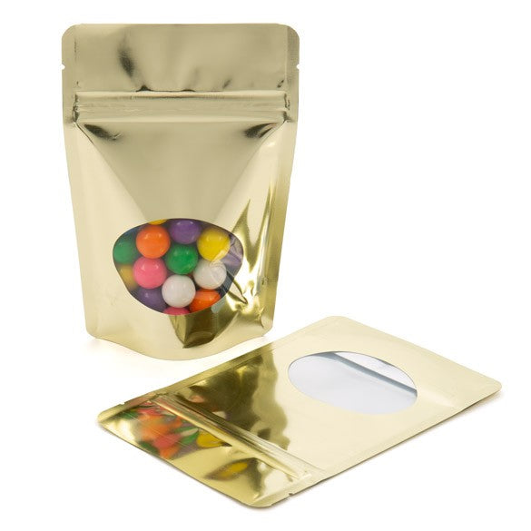 Doypack Or Métallisé avec fenêtre ovale 10.2x6x15.2cm | 57g (100 pièces) [ZBGMO2SG]