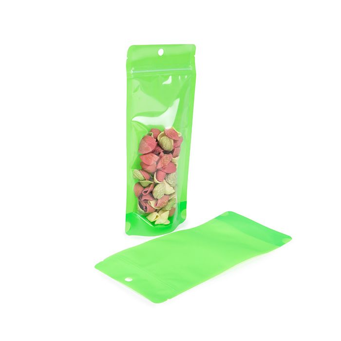 Doypack vert fluo 10.8x6x23.8cm avec trou de suspension (100 pièces) [ZBGN1NGR]